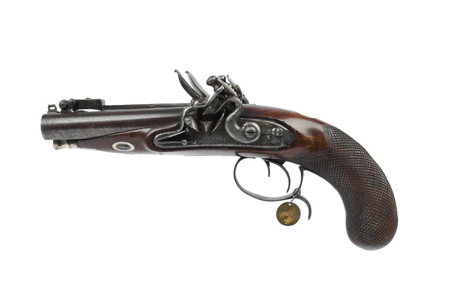 An English 19 bore double barrelled flintlock travelling pistol, by Hewson of London, round - Image 2 of 2