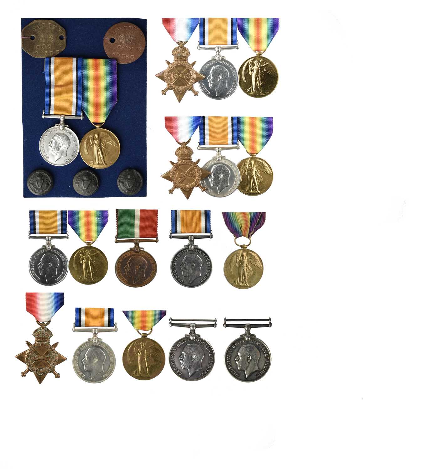 A collection of Great War Medals, groups and singles, comprising: a trio with parts of medal