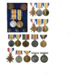 A collection of Great War Medals, groups and singles, comprising: a trio with parts of medal