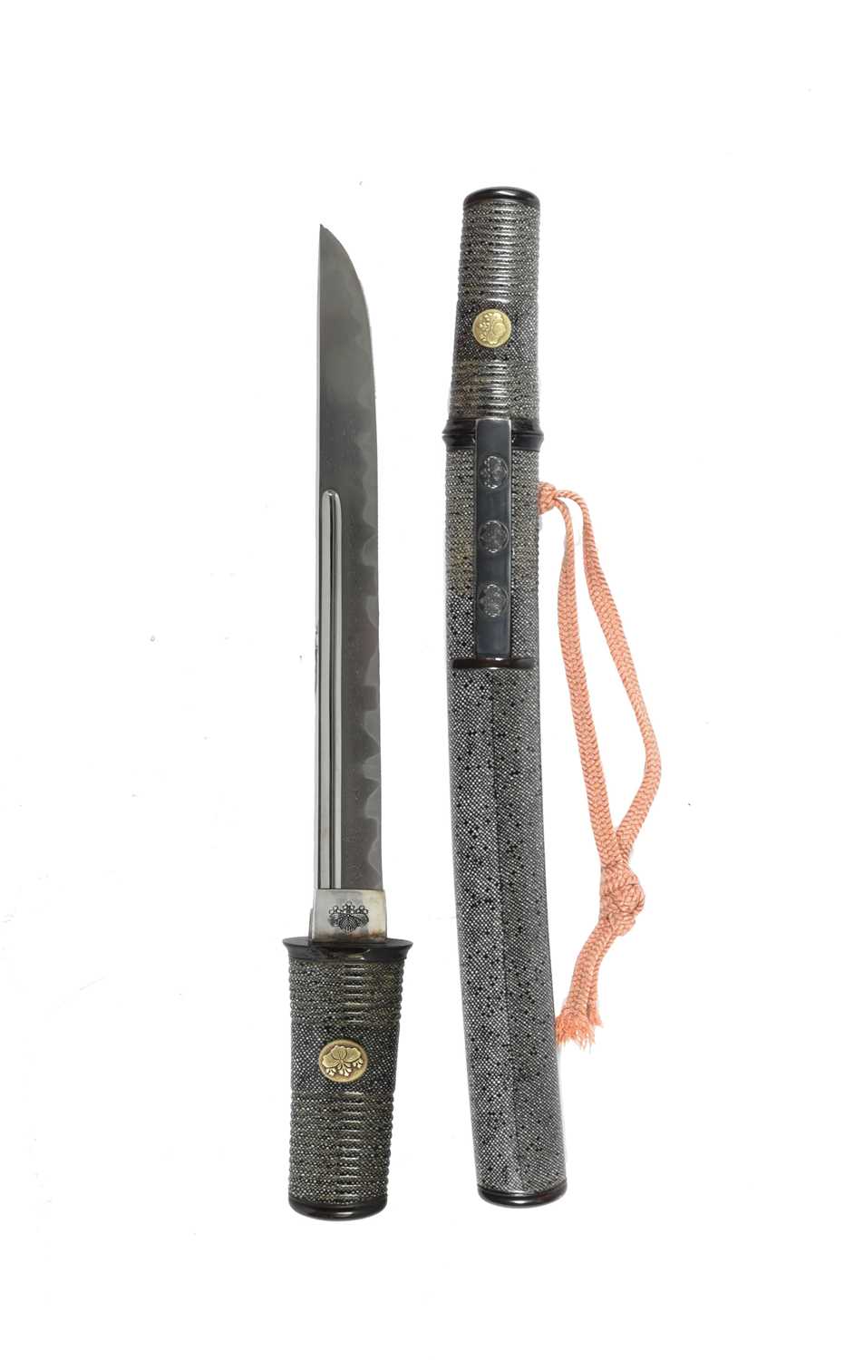 A Japanese dagger (tanto), blade 9.75 in., hira-zukuri, with hi to one side, notare hamon, ubu-