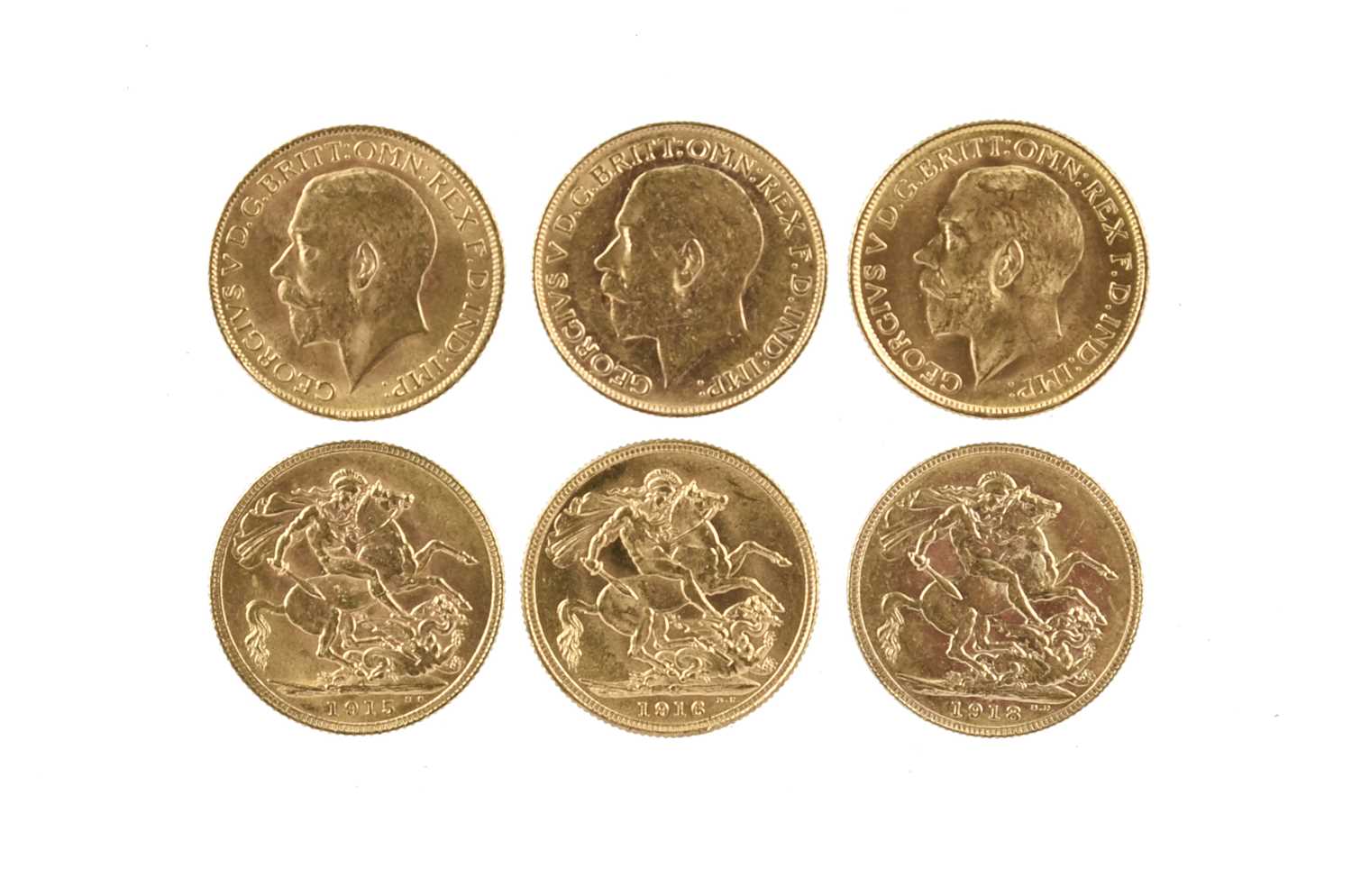 George V, gold sovereigns (3): 1915, London Mint (S 3996); 1916, Sydney Mint (S 4003); 1918, Perth - Bild 2 aus 2