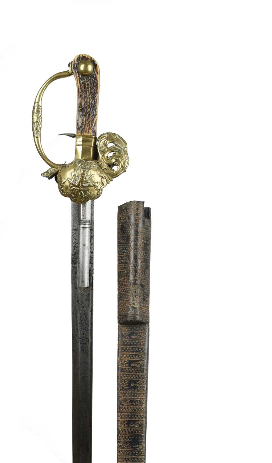A composite German combination hunting sword and pistol, blade 21.5 in, double-edged for 7 in.