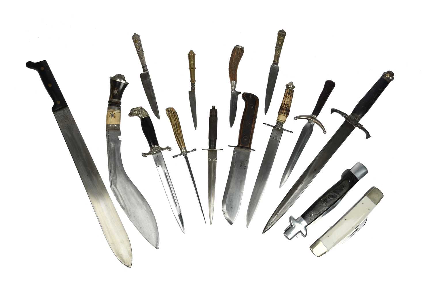 A quantity of edged weapons, including: an MOD pattern knife dated 1979, a kukri with bone and