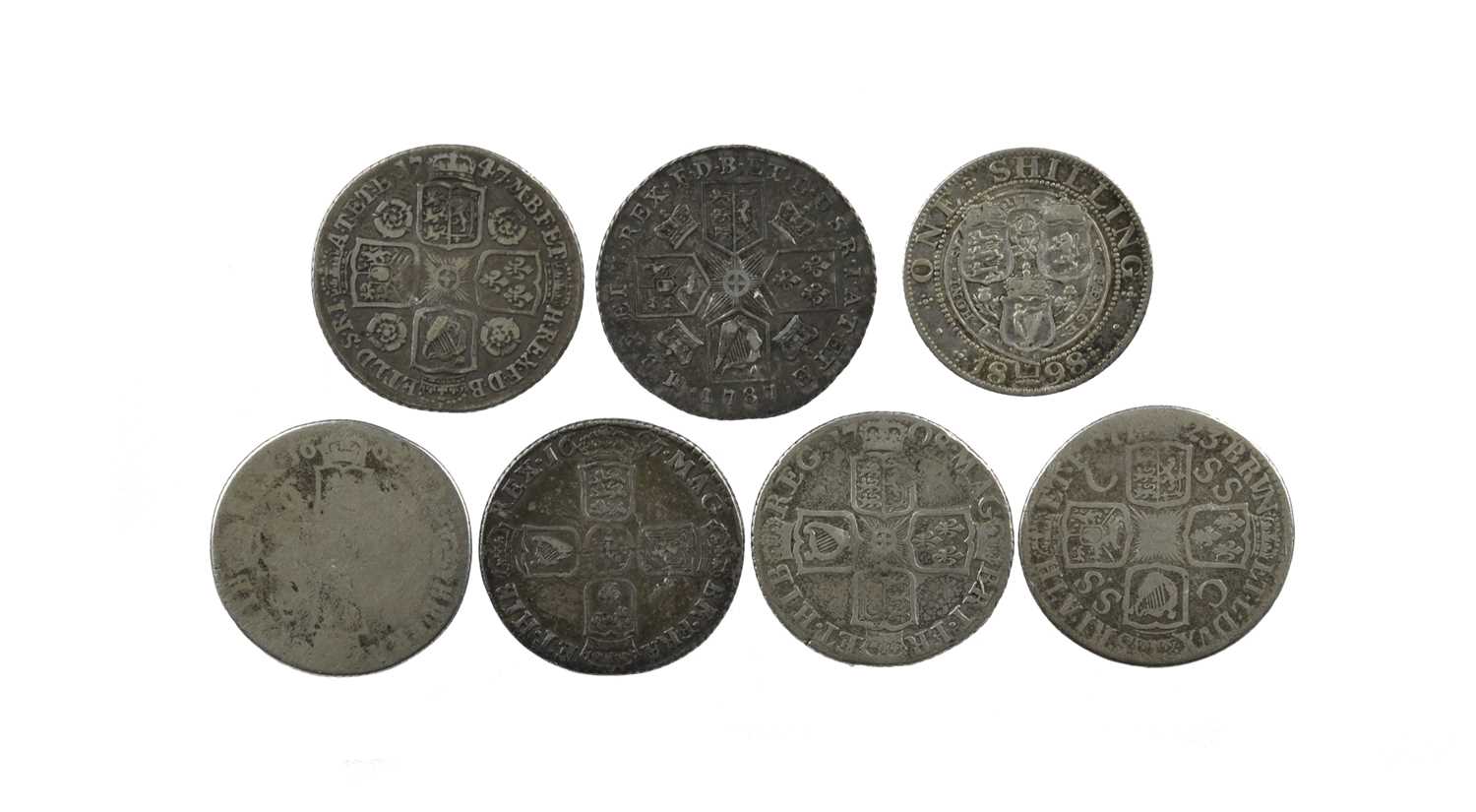 A small collection of British silver shillings, comprising: Charles II, 166?, first bust (S 3371 - Image 2 of 2