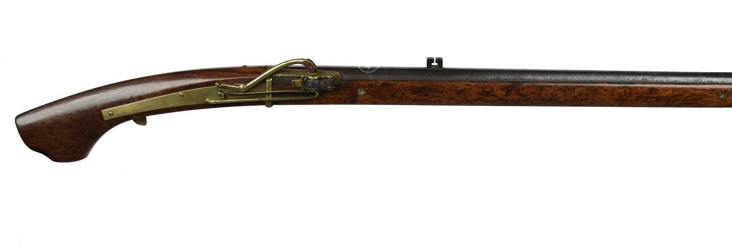 A Japanese 32 bore matchlock musket (tanegashima), barrel 41 in., of part round-section with top