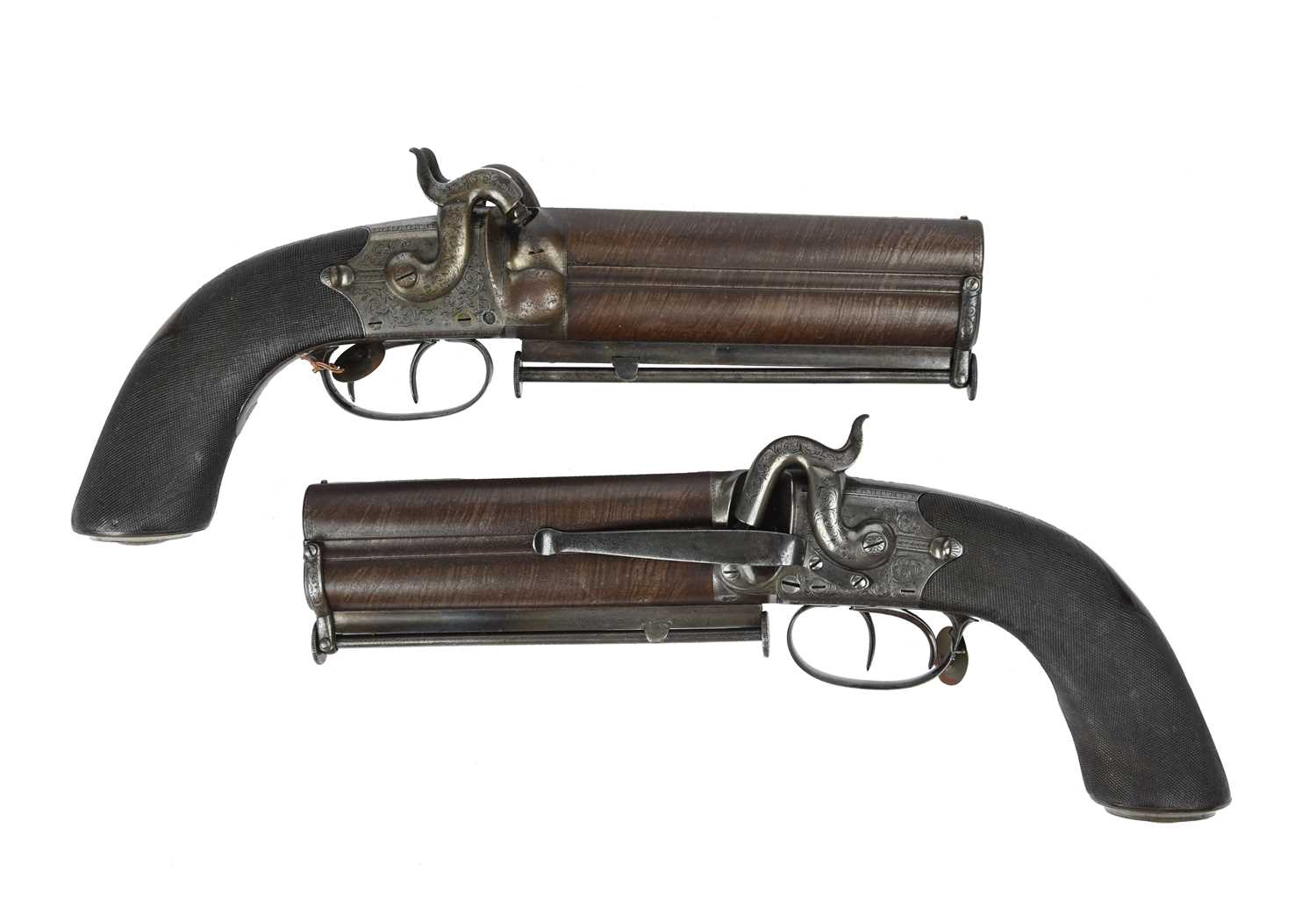 Witton Daw & Co.: A fine pair of 16 bore double percussion pistols, superposed twist brown barrels