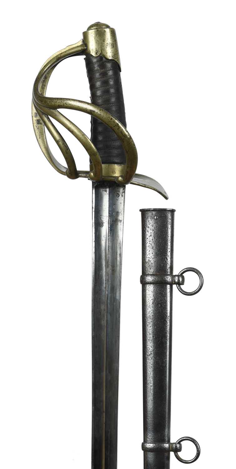 A French cuirassier trooper's sword, AN XIII, straight bi-fullered spear-point blade 37.25 in.,