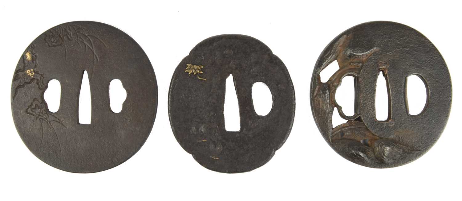 A collection of Japanese sword fittings, comprising: Three Japanese iron sword guards (tsuba), - Image 12 of 15