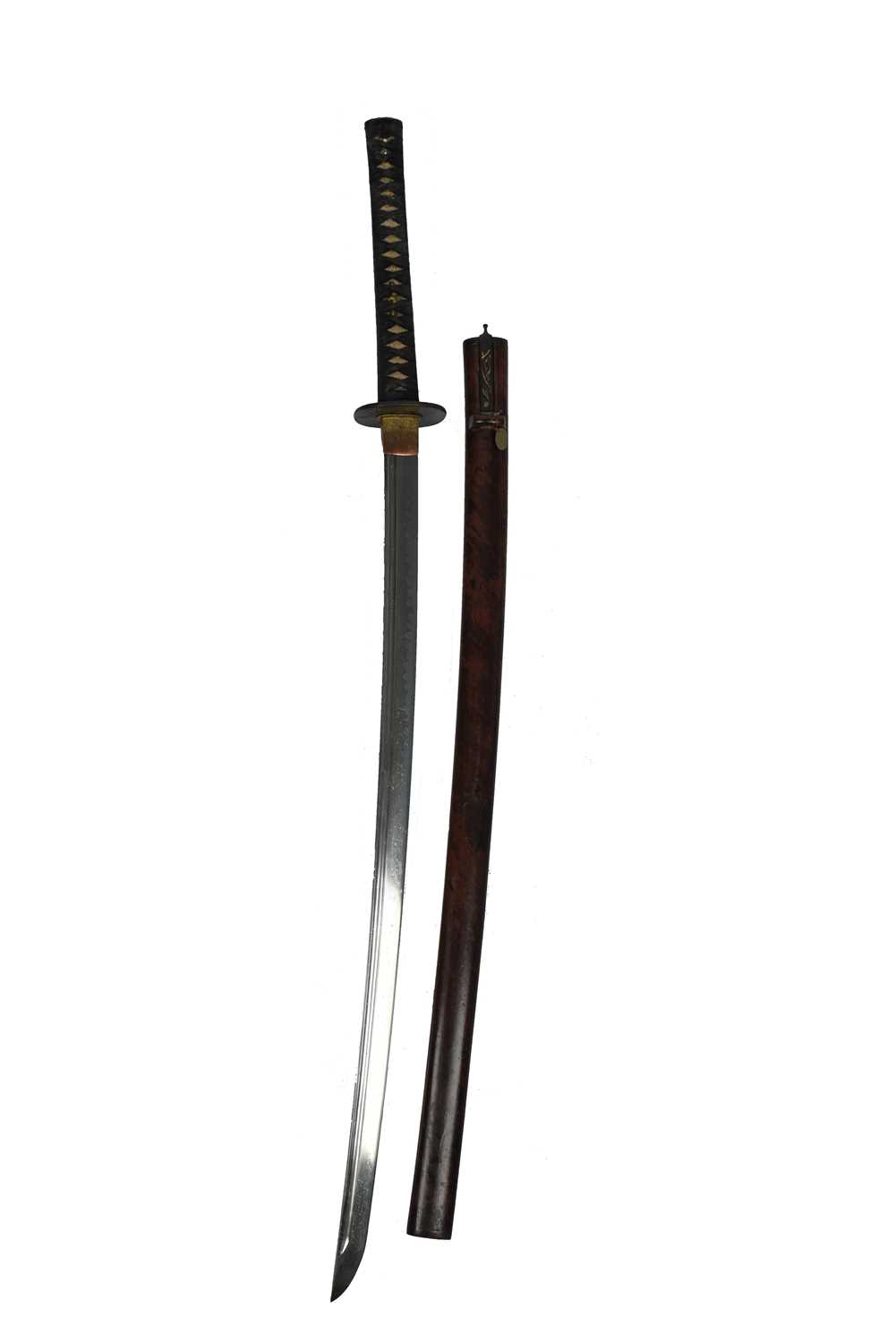 A Japanese sword (katana), blade 29.5 in., hon-zukuri with hi, midare hamon, mumei; iron tsuba - Image 2 of 3