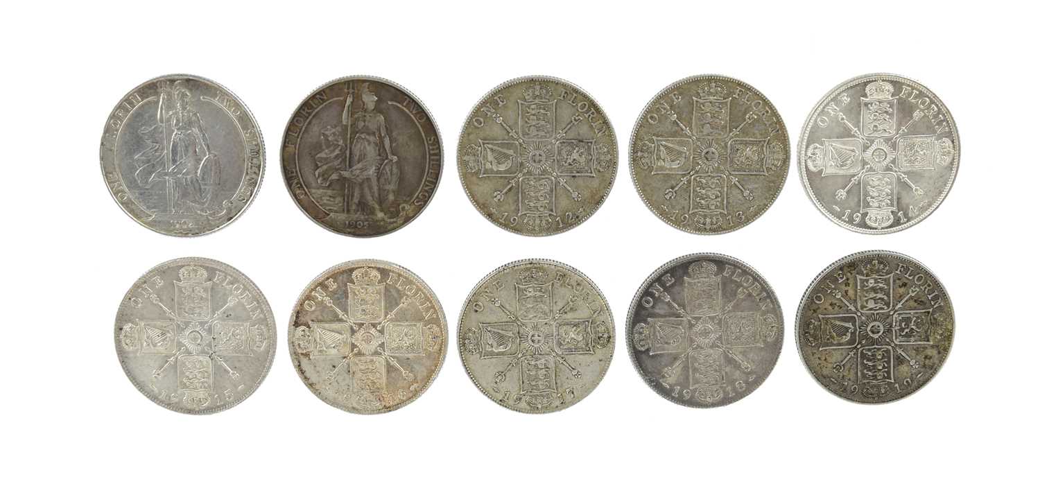 English silver florins (10): Edward VII, 1902, 1905 (S 3981), good very fine and good fine; George - Image 2 of 2