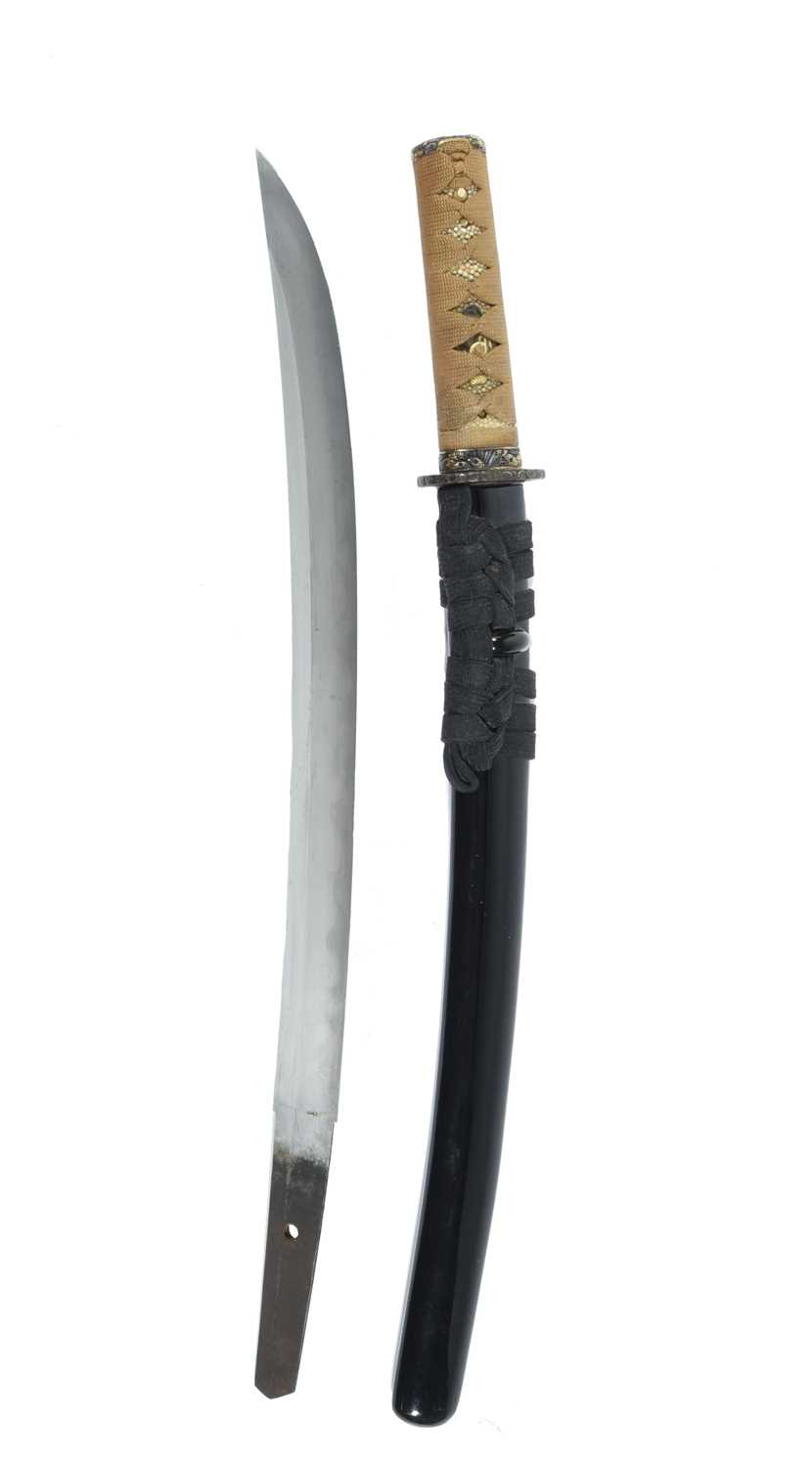 A Japanese sword (wakizashi) blade 15.75 in., shobu-zukuri or naginata-zukuri with notare hamon,