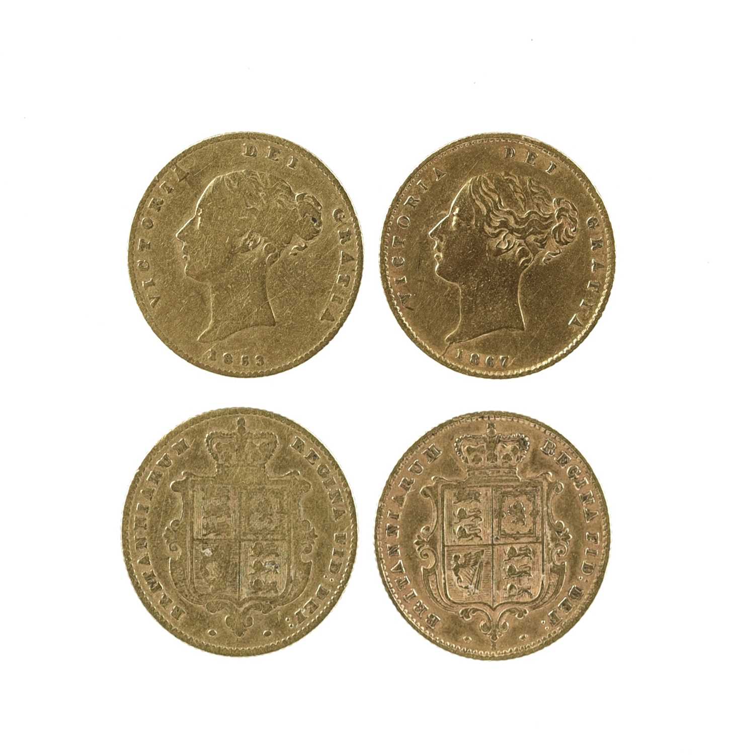 Victoria, half sovereigns (2), 1853 and 1867 (S 3859 and 3860), the first good fair, the second near