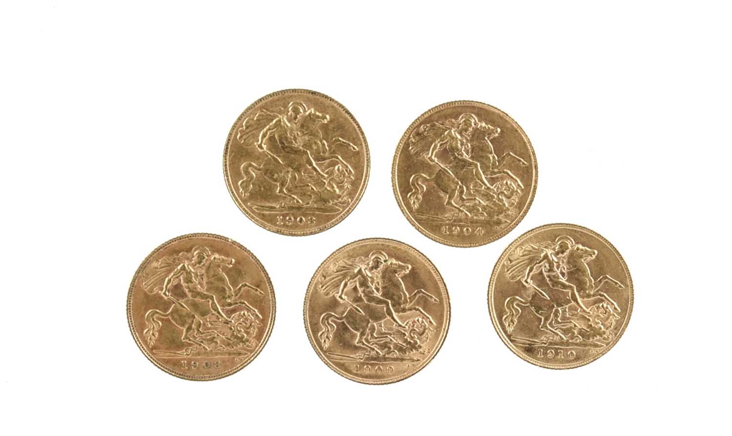 Edward VII, gold half sovereigns (5): 1903, London Mint, no B.P. in exergue (S 3974 A), 1904, - Bild 2 aus 2