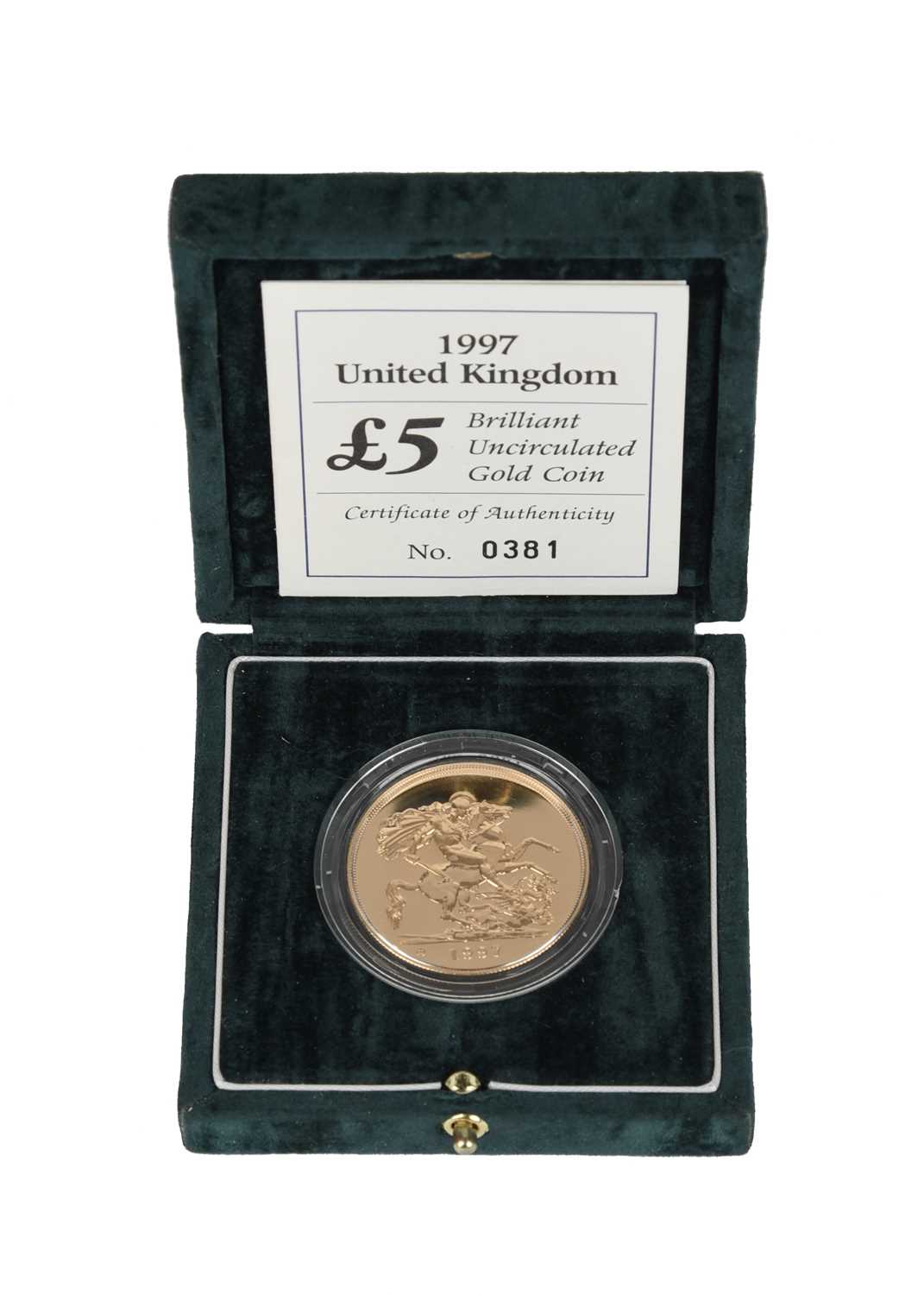 Elizabeth II, gold five pounds, 1997, uncirculated type with 'U' to left of date (S 4252), in a