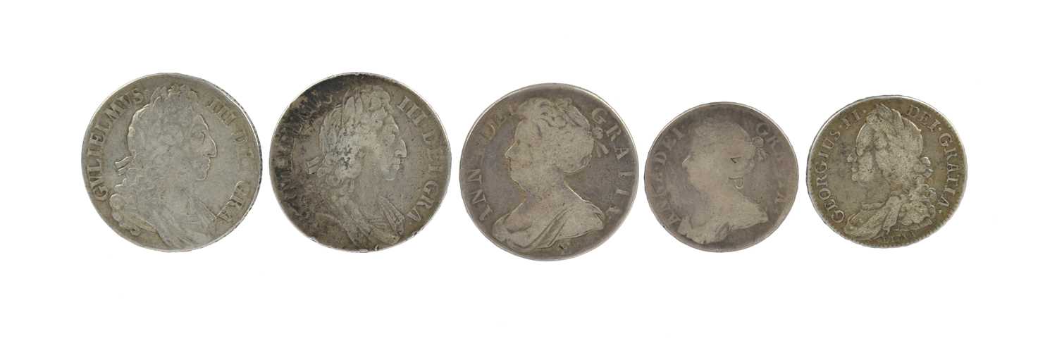 William III, silver crowns (2), 1696, third bust, edge OCTAVO (S 3472), fine or nearly so; Anne,