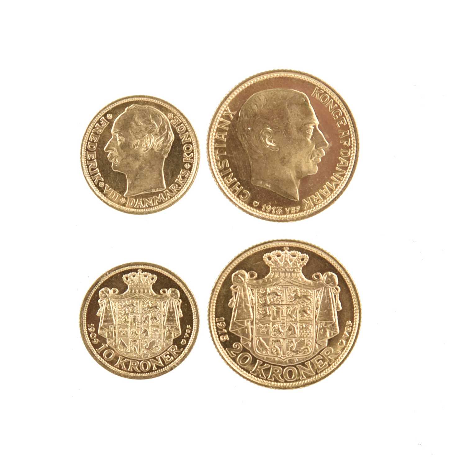 Denmark: Frederik VIII, gold 10 kroner, 1909 (F 298), nearly extremely fine; and Christian X, gold