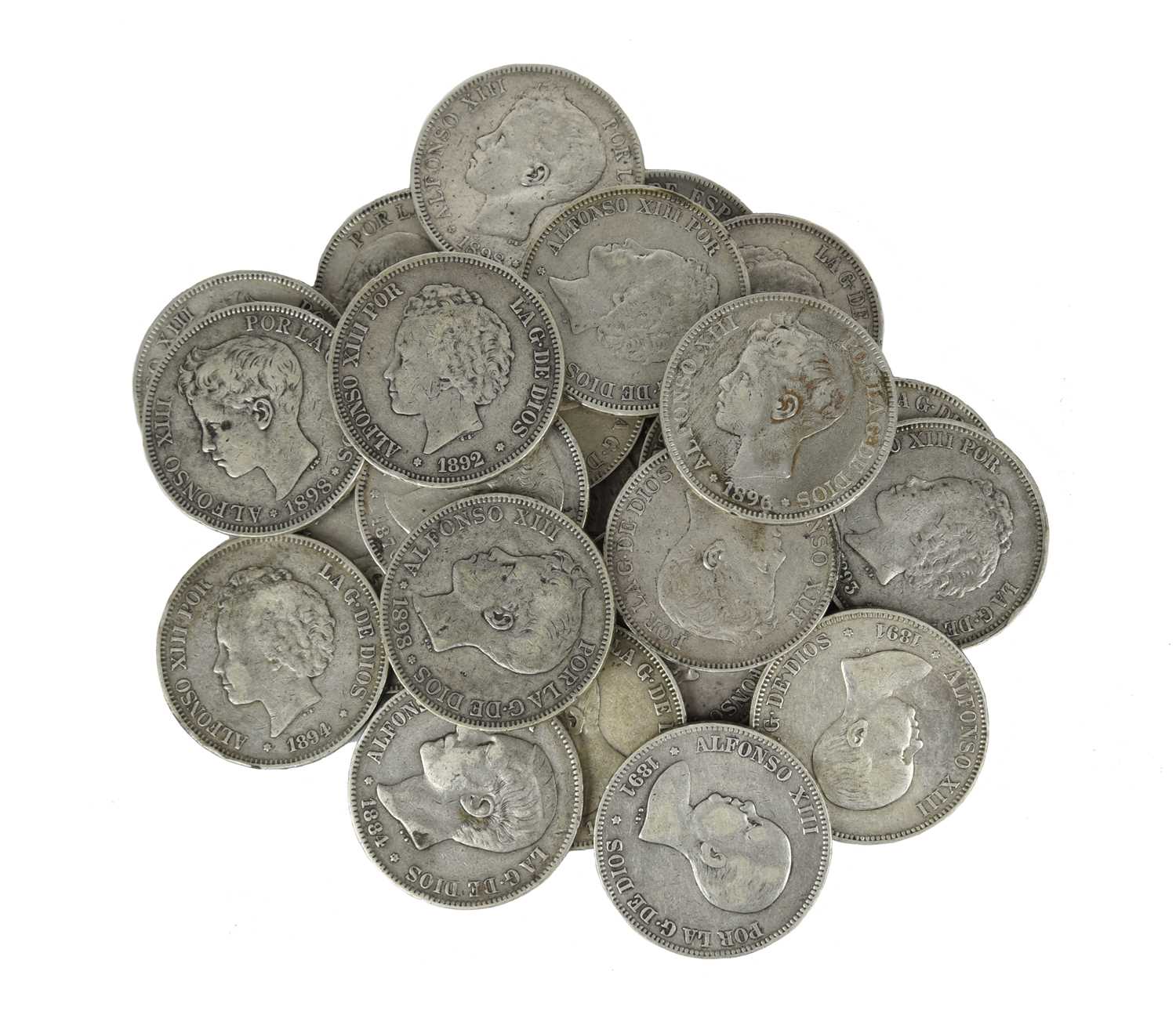 Spain: a quantity of silver five pesetas, comprising: Alphonso XII, 1876 (2), 1884 (KM 671, 688);