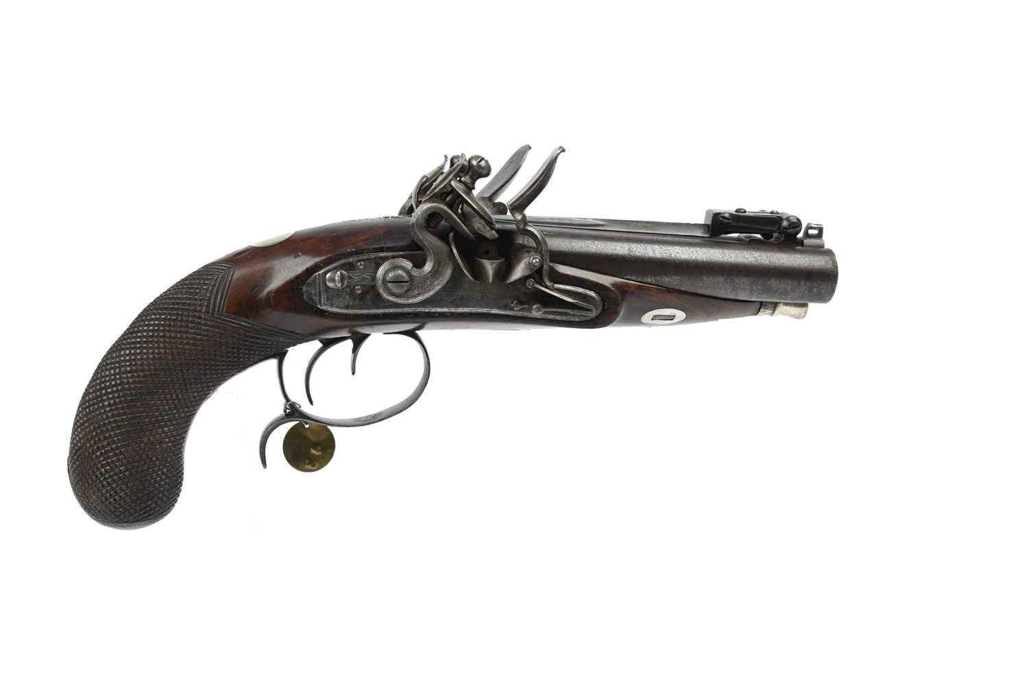 An English 19 bore double barrelled flintlock travelling pistol, by Hewson of London, round