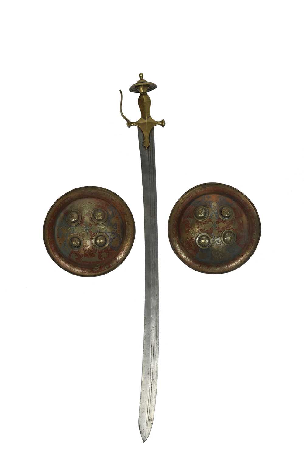 An Indian sword (sohsun pata), single edged blade 28 in. with slight forward curve, three narrow