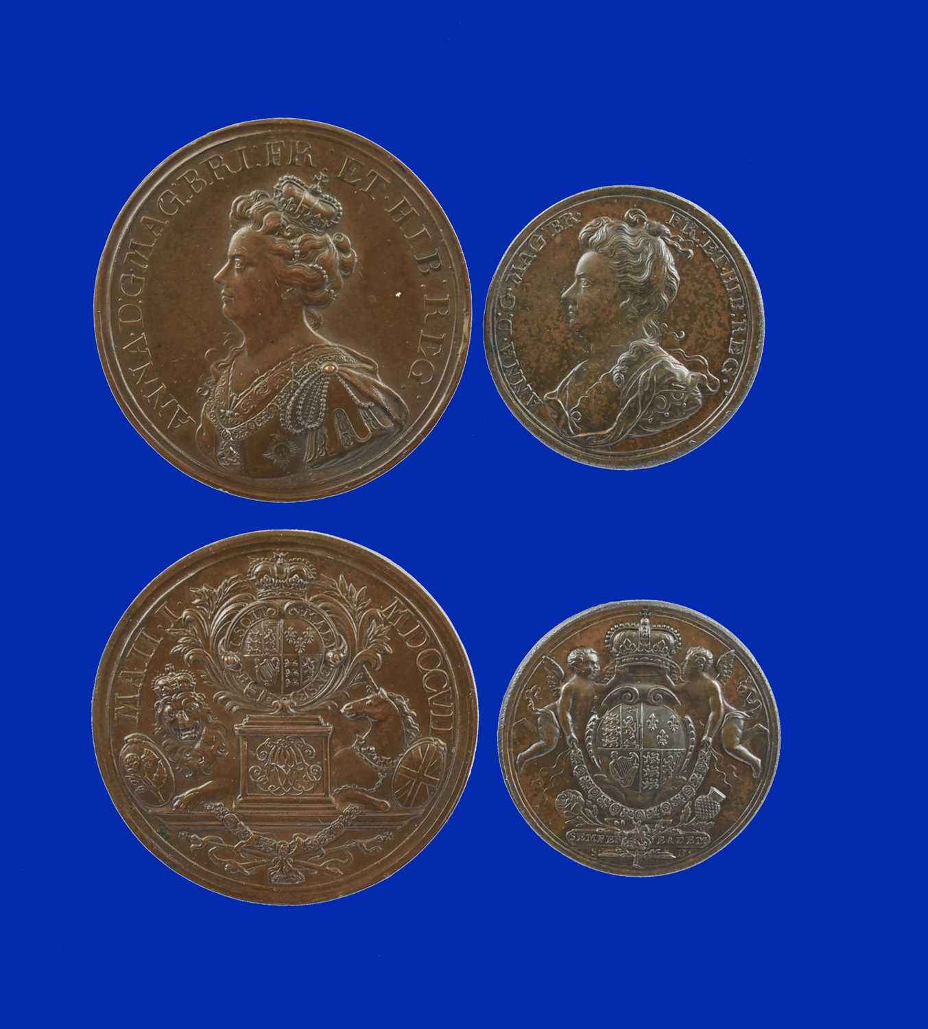 Anne, Union of England and Scotland 1707, a copper medal by J. Croker, bust left, rev. shield in