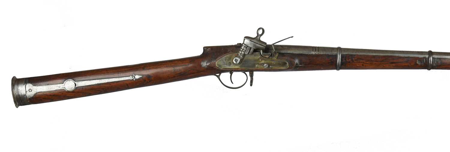 A 26 bore Persian musket, barrel 41 in., retained to the stock by four iron bands, the upper band