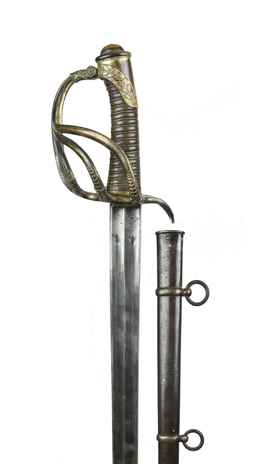 A French cuirassier officer's cavalry sword, straight bi-fullered spear-point blade 37.5 in.,