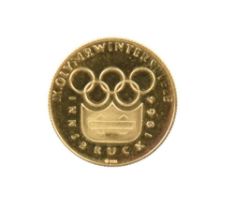 Innsbruck Winter Olympics 1964, a gold souvenir medal, 20mm, Olympic rings, rev. a view of Innsbruck