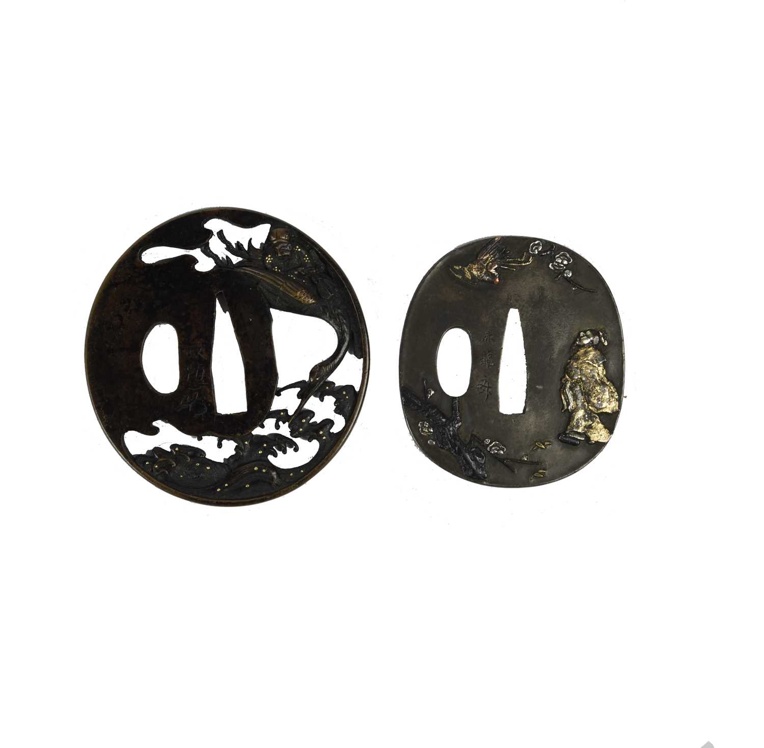 Three Japanese sword guards (tsuba): the first naga maru-gata, shibuichi, decorated taka-zogan - Image 2 of 2