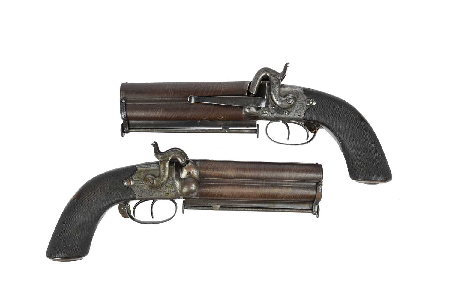 Witton Daw & Co.: A fine pair of 16 bore double percussion pistols, superposed twist brown barrels - Image 3 of 3