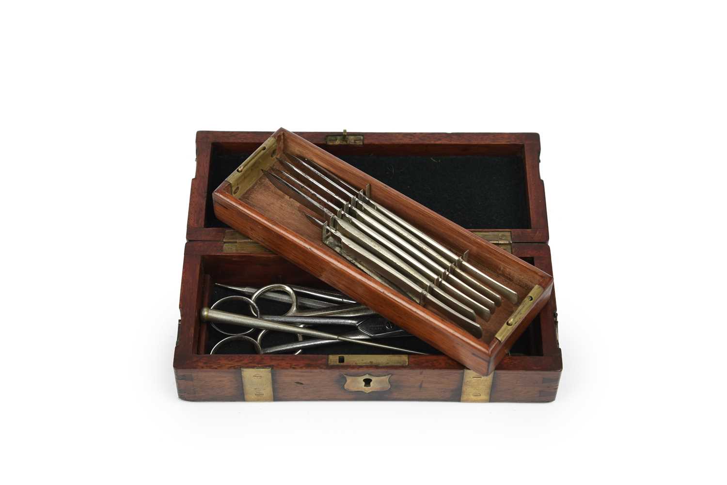 A brass bound oak surgical instrument case by S Maw Son & Thompson, with associated contents