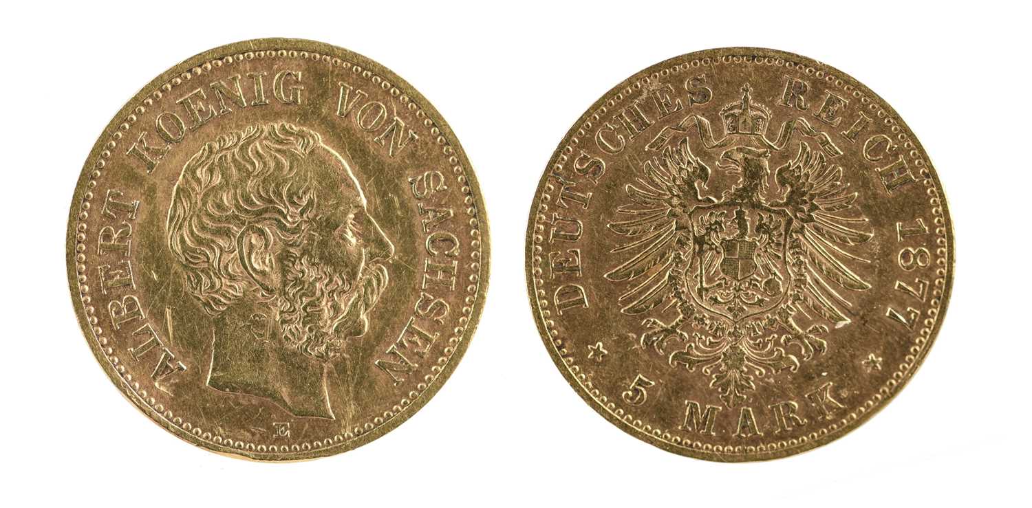 Imperial Germany: Saxony: Albert, gold 5 marks, 1877 (F 3845), edge slightly buckled at7 o'clock,