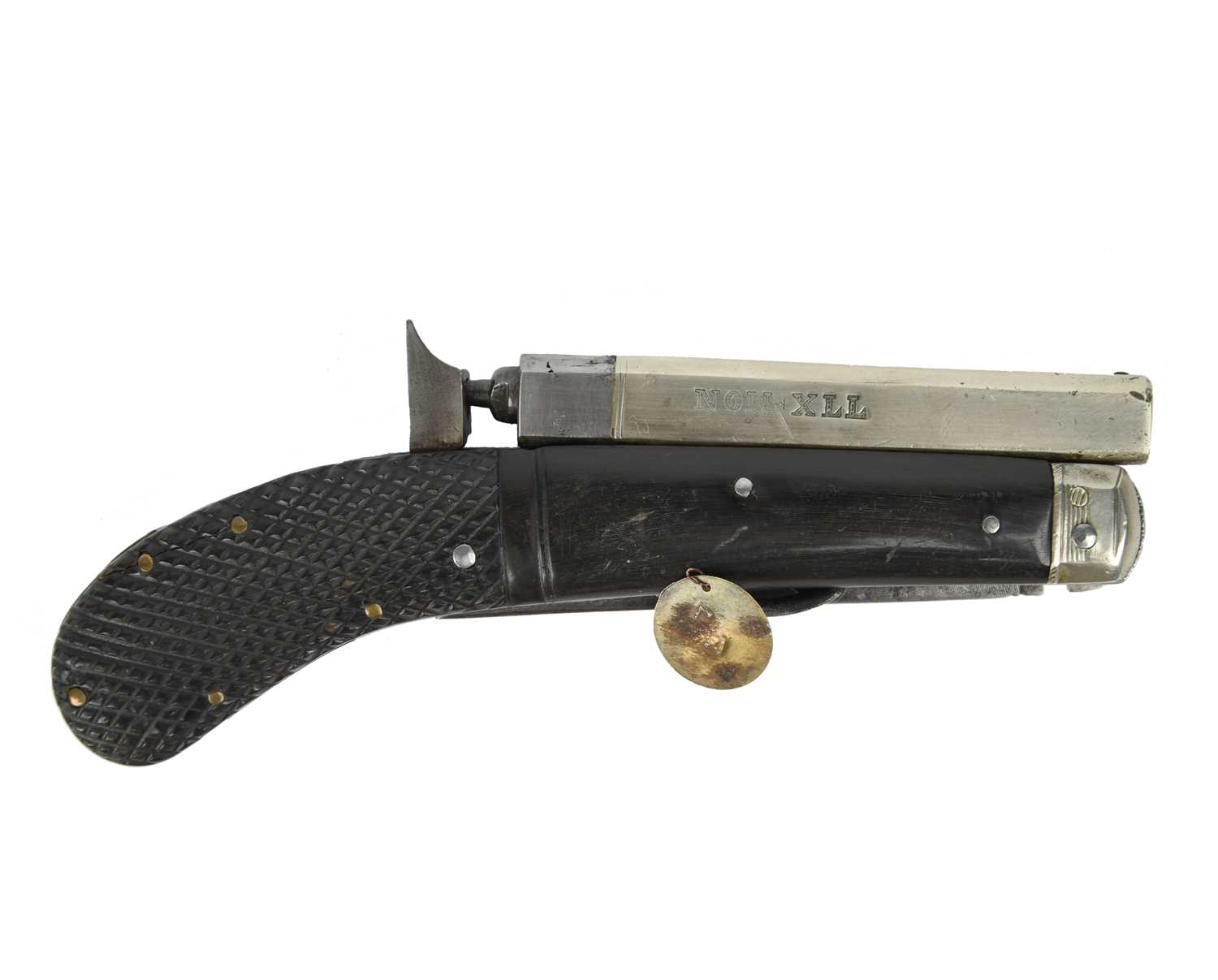 Unwin & Rogers: a combination clasp knife/ percussion pistol, nickel barrel 4 in., impressed '
