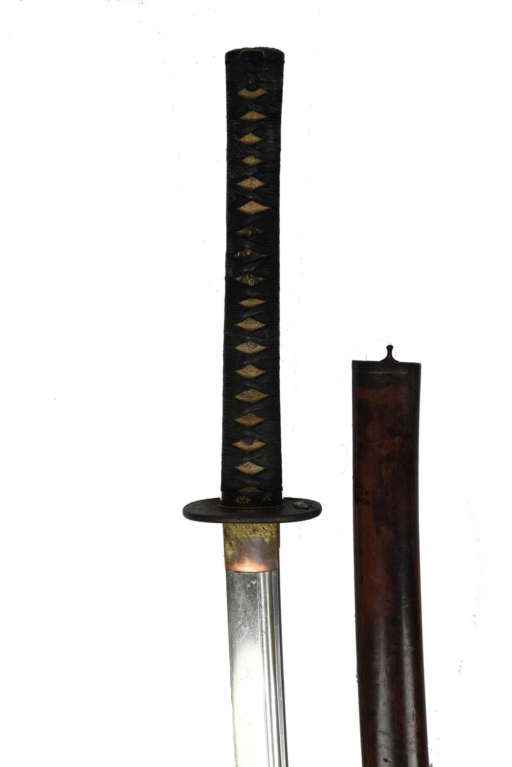 A Japanese sword (katana), blade 29.5 in., hon-zukuri with hi, midare hamon, mumei; iron tsuba - Image 3 of 3