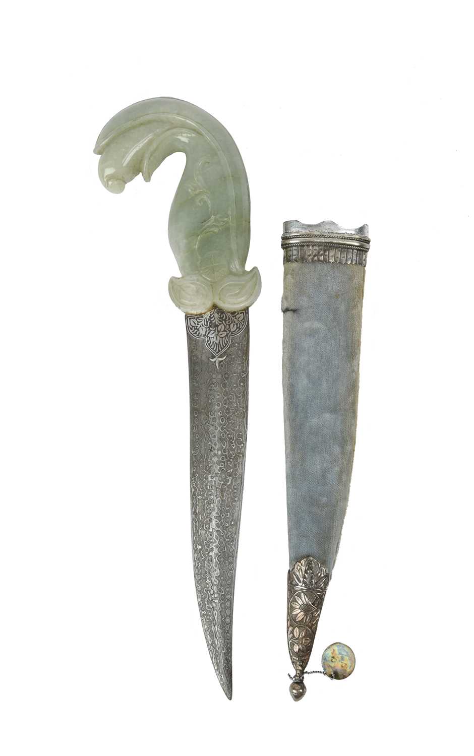 An Indian dagger (khanjar), double edged blade 8.5 in., with silver koftgari embellishment at the