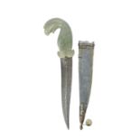 An Indian dagger (khanjar), double edged blade 8.5 in., with silver koftgari embellishment at the