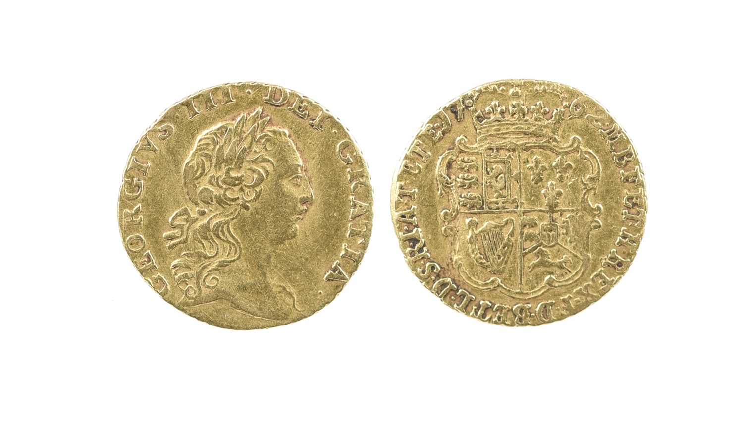 George III, gold quarter-guinea, 1762 (S 3741), appears slightly buckled, otherwise about very fine.