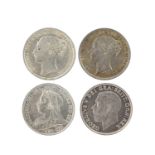 Four silver shillings, vis.: Victoria, 1873 and 1877, die number 73 and 33 (S 3906A), both near very