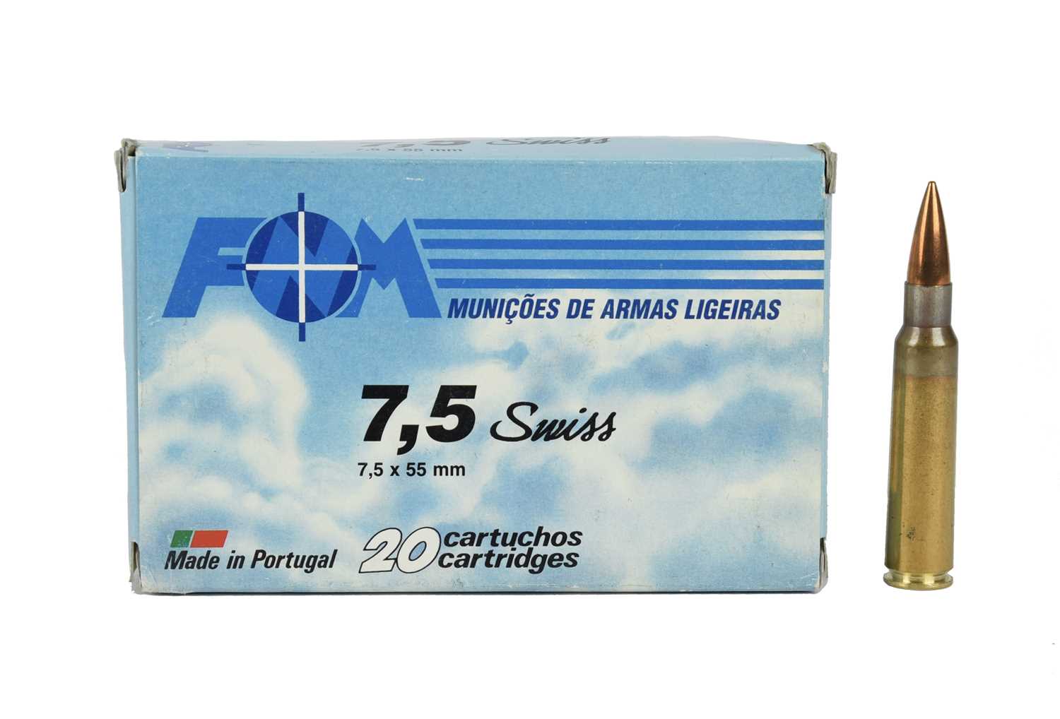 Ƒ FNM (Portugal): a quantity of 7.5x55mm (Swiss) ammunition, 170 grain FMJ, in factory packaging (