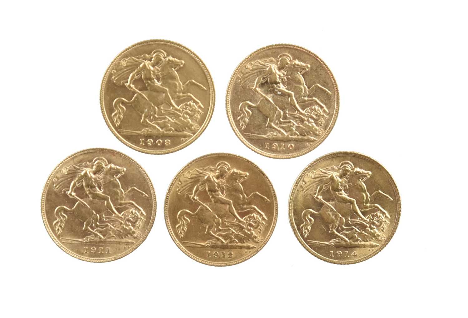 Edward VII, gold half-sovereigns (2), 1908 and 1910 (S 3974B), good very fine; and George V, gold - Image 2 of 2