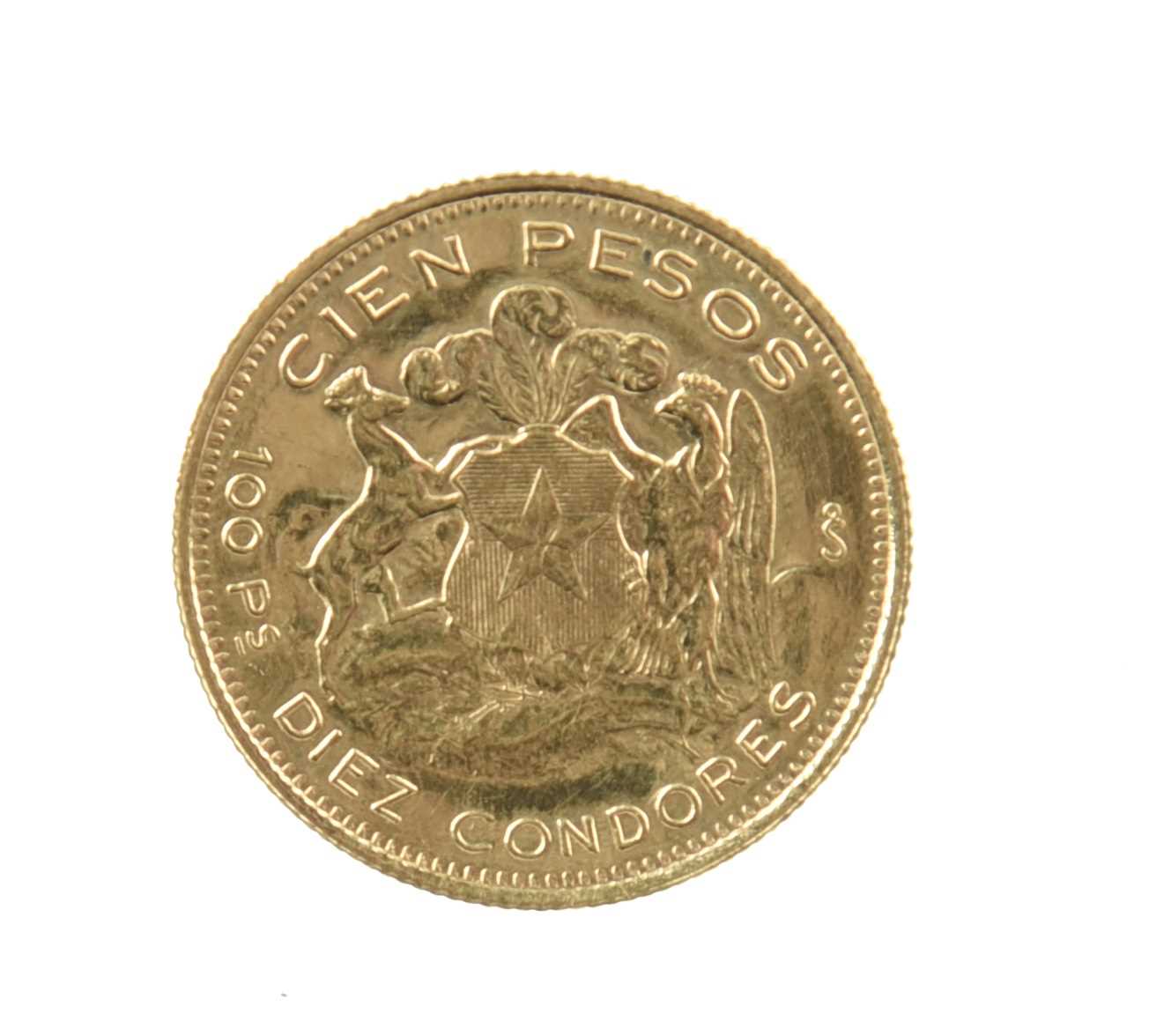 Chile - Republic: gold 100 pesos, 1960, Liberty head with coiled hair (F 54), nearly extremely fine. - Image 2 of 2