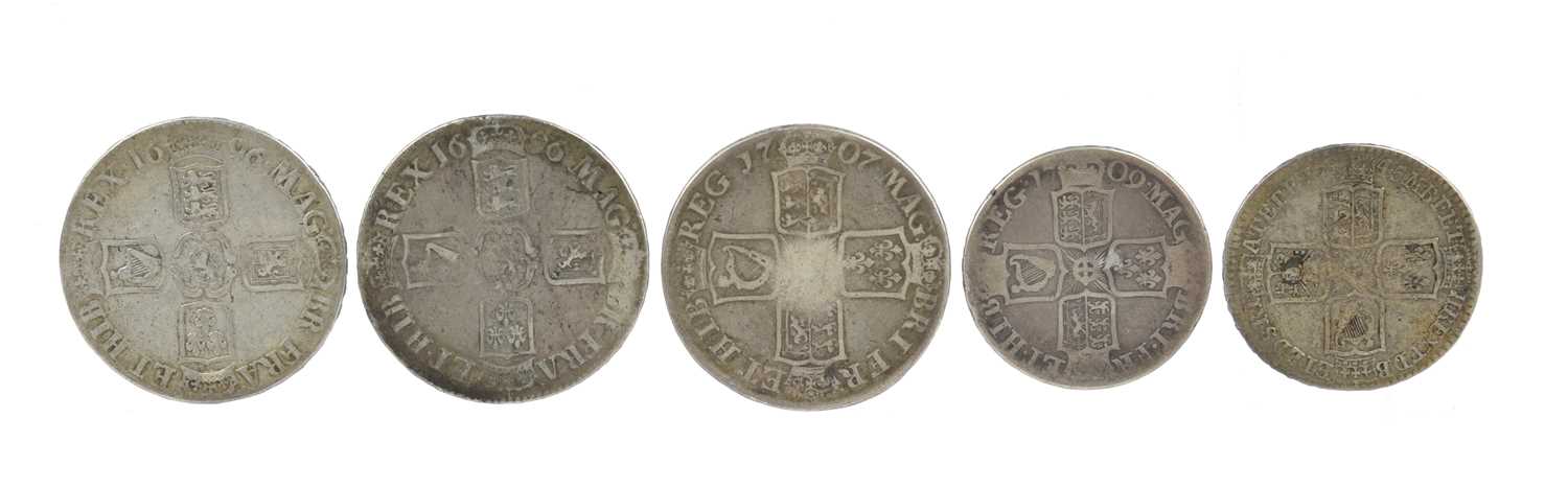 William III, silver crowns (2), 1696, third bust, edge OCTAVO (S 3472), fine or nearly so; Anne, - Image 2 of 2