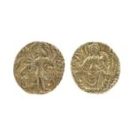 India - Kushan Empire: gold dinar, Shaka type (4th Century AD), king standing holding cornucopia and