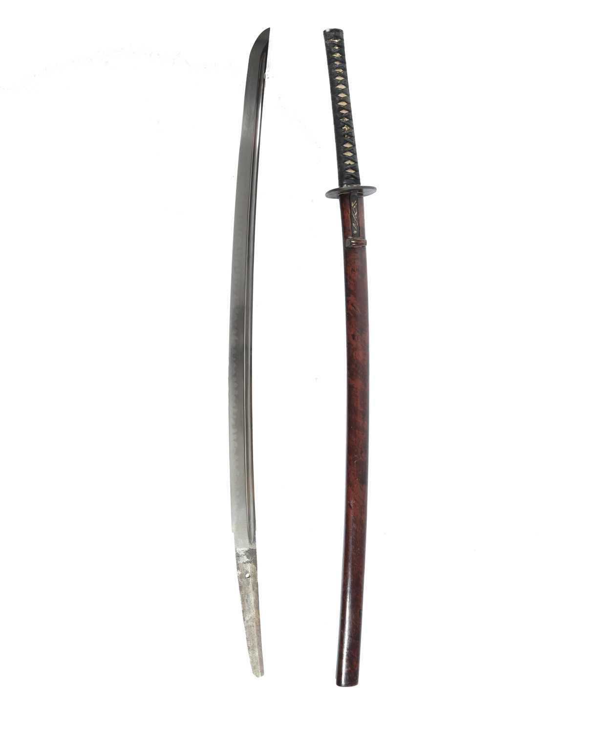 A Japanese sword (katana), blade 29.5 in., hon-zukuri with hi, midare hamon, mumei; iron tsuba