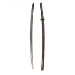 A Japanese sword (katana), blade 29.5 in., hon-zukuri with hi, midare hamon, mumei; iron tsuba
