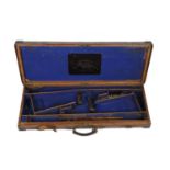 A vintage leather covered and brass bound double gun case, made for a pair of guns of