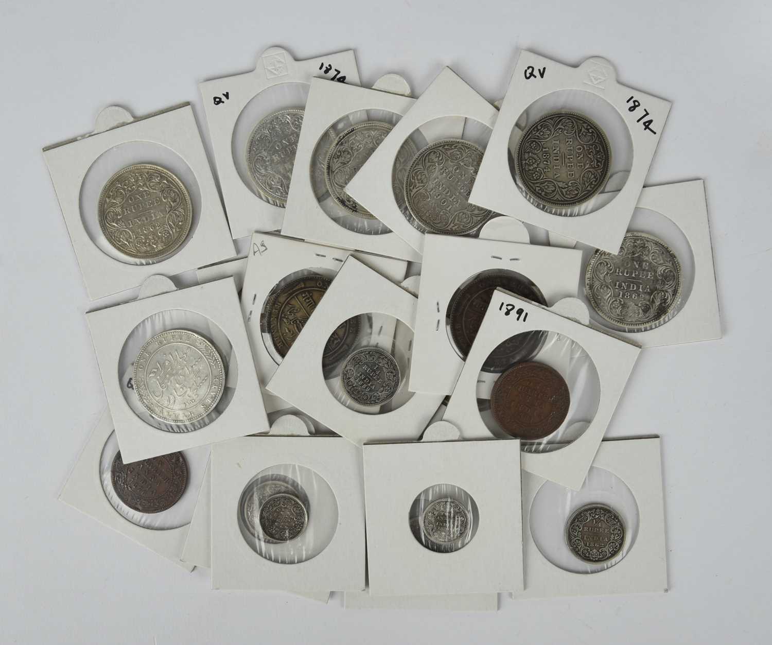 British India: a small quantity of coins, comprising: Victoria, silver rupees, 1862 (3), 1874 (2), - Image 2 of 2