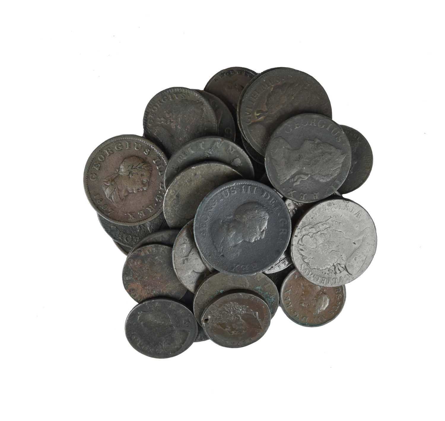 A small quantity of British 17th and 18th century copper coins, including: William and Mary,