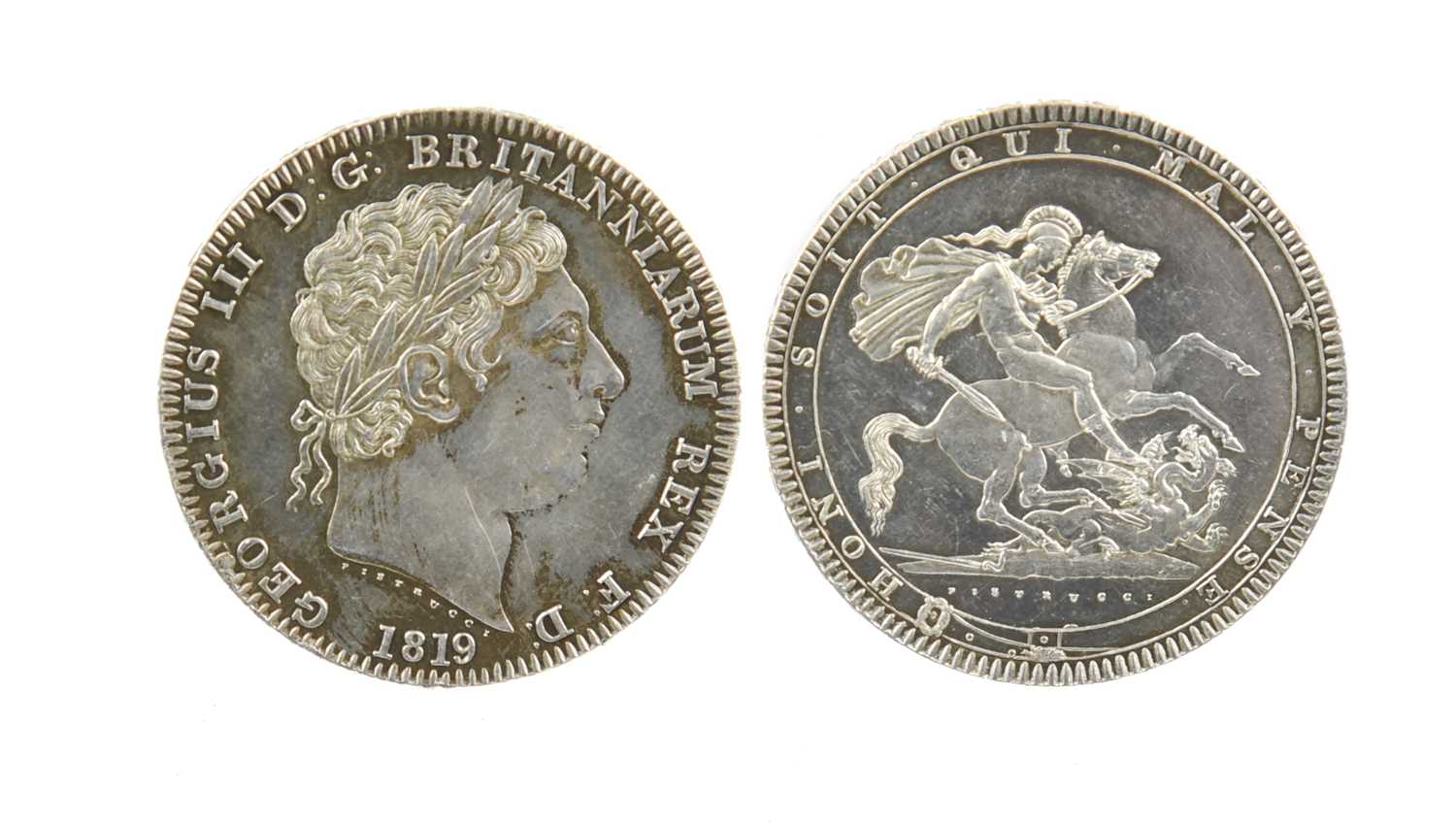 George III, silver crown, 1819, last coinage (S 3787), at least extremely fine. 38mm