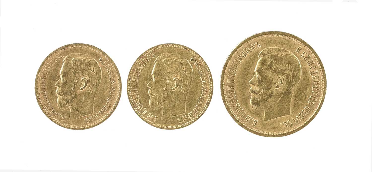 Imperial Russia: Nicholas II, gold 10 roubles, 1899 (F 179), about very fine; together with gold 5