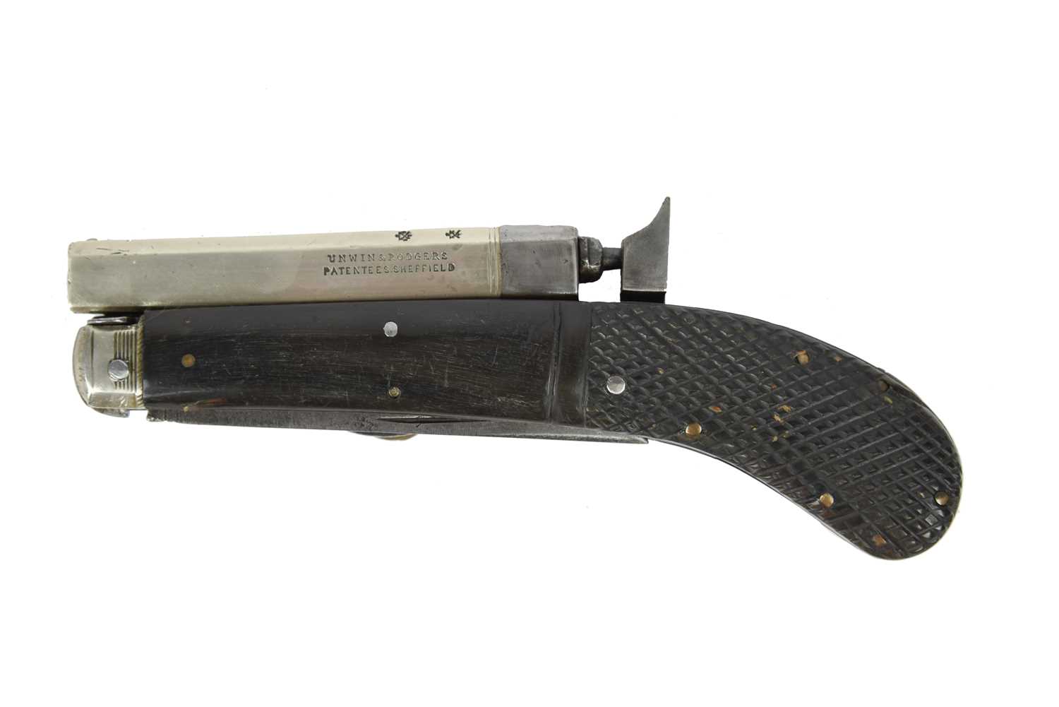 Unwin & Rogers: a combination clasp knife/ percussion pistol, nickel barrel 4 in., impressed ' - Image 2 of 2